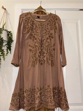 Embroidered Taupe Women's Kurta - Elegant Long Sleeve